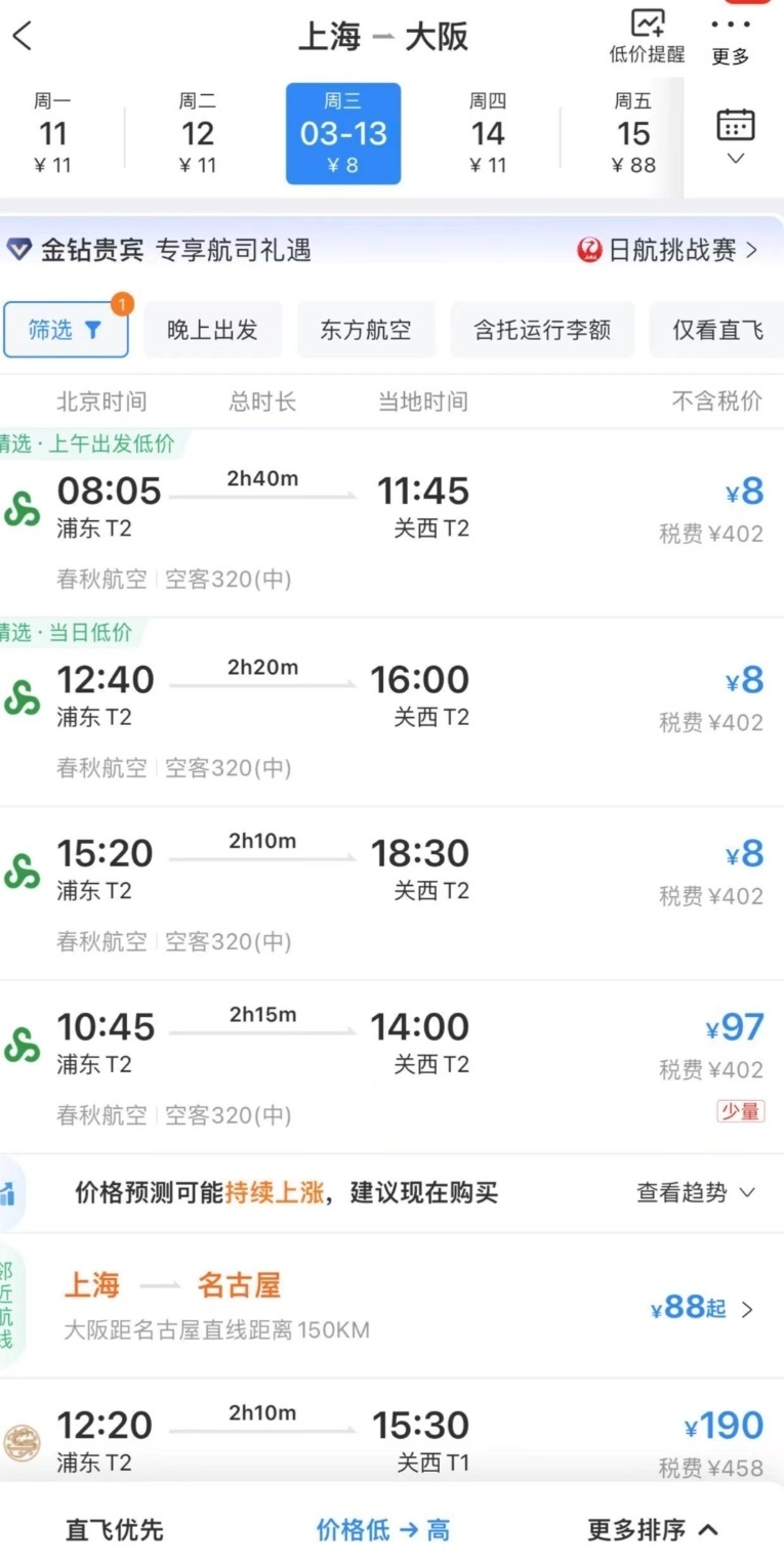 上海飞大阪8元机票加税400余元
